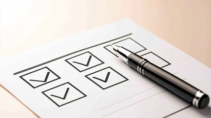 Poster - Checklist and decision making. Checklist with check marks and a pen on a desk surface.