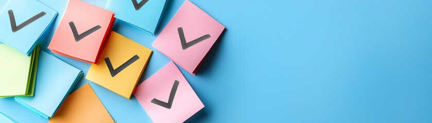 Poster - Checklist and decision making. Colorful sticky notes with checkmarks on a blue background, symbolizing organization and tasks.