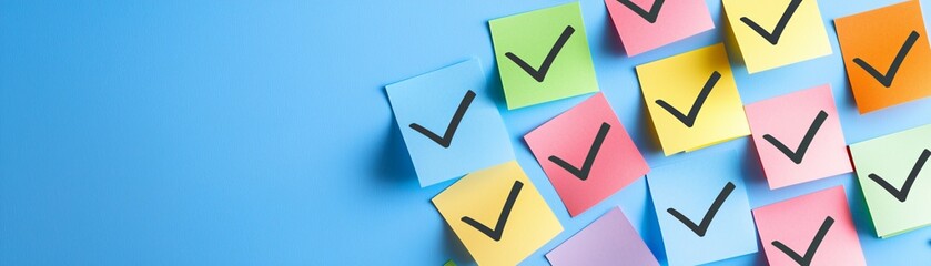 Poster - Checklist and decision making. Colorful sticky notes with checkmarks on a blue background for organization and productivity themes.