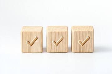 Poster - Checklist and decision making. Three wooden blocks with checkmarks, symbolizing completion and approval.