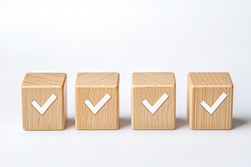 Poster - Checklist and decision making. Wooden blocks with checkmarks arranged in a row on a white background.