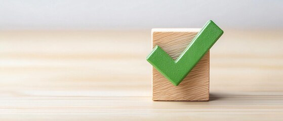 Poster - Checklist and decision making. Green checkmark on wooden block against a neutral background symbolizing affirmation and success.