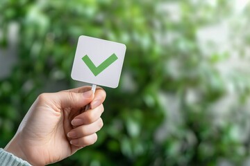 Poster - Checklist and decision making. A hand holding a card with a green check mark against a blurred green background.