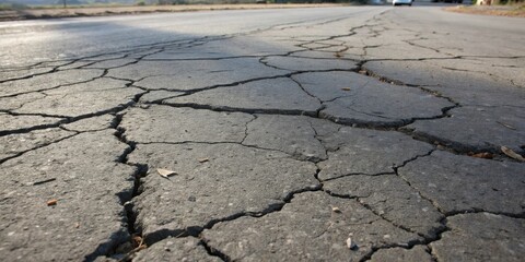 Poster - Cracked asphalt road surface with a shallow depth of field revealing a complex network of fissures and the subtle details of its texture
