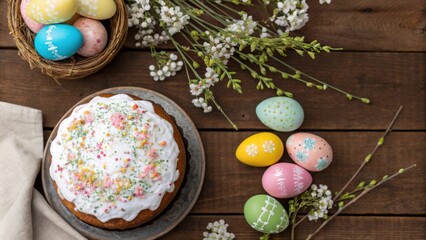 Aufkleber - Easter celebration with decorated eggs, traditional cake and spring blossoms on rustic wooden table