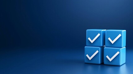Poster - Checklist and decision making. Blue checkmark blocks on a dark background symbolize completion and success.