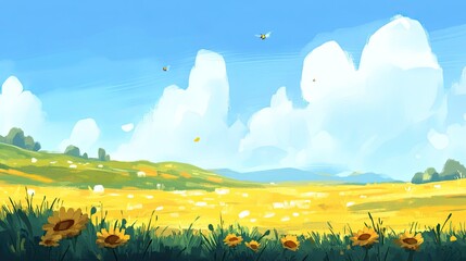 Wall Mural - a bright yellow sunflower field under a clear blue sky, with bees buzzing joyfully, symbolizing opti