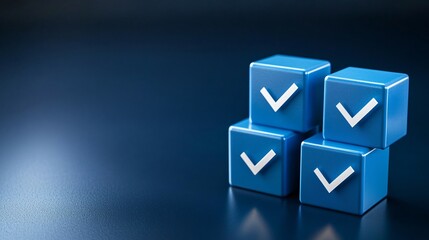 Poster - Checklist and decision making. Blue checkmark blocks stacked on a sleek surface symbolize approval and success.