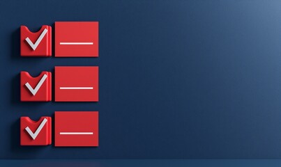 Poster - Checklist and decision making. Checklists with red boxes on a blue background for task management.