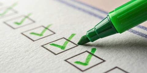 Poster - A close-up of a green marker filling in a checklist box with a green check mark on a white sheet of paper