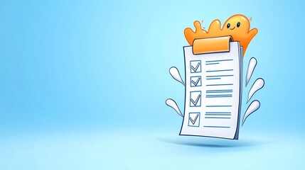 Poster - Checklist and decision making. Checklist with playful character and splashes on a light blue background.