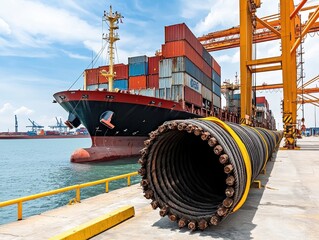 logistics cargo delivery shipping sustainability Concept. Cargo ship unloading containers at a busy port with industrial pipes in the foreground.