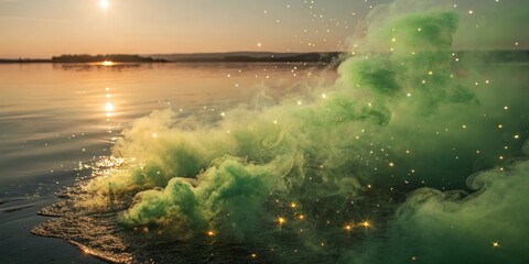 Aufkleber - Green smoke billows across the surface of a still lake, creating a magical scene with the golden light of the setting sun reflecting on the water and dancing in the swirling smoke.