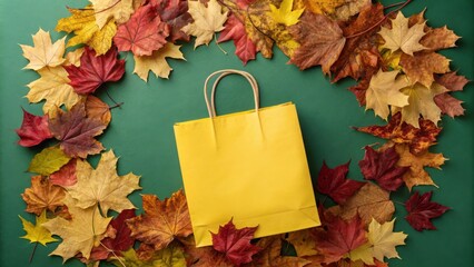 Poster - A yellow paper shopping bag sits on a green surface surrounded by a border of colorful autumn leaves.