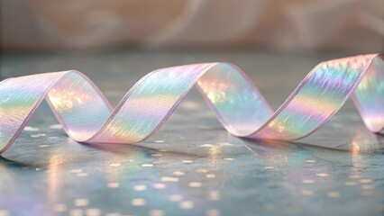 Poster - A soft iridescent ribbon gently curves across a blue surface, its shimmering colors reflecting the light