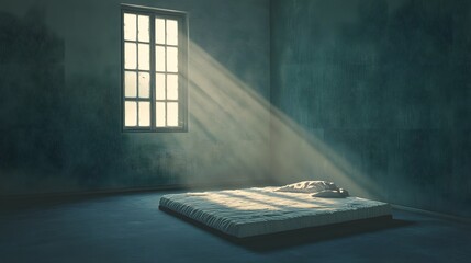 Poster - A person lying on a bare mattress in an empty room, with only faint light streaming through a cracked window