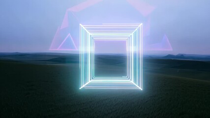 Fototapete - illuminated geometric shape stands out over vast landscape at dusk in rural setting