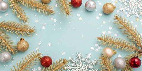 Poster - Festive Christmas Background with Gold and Silver Ornaments, Pine Branches, and Delicate Snowflakes on a Blue Background