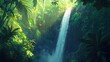 © cynz - A breathtaking view of a waterfall cascading into a lush green jungle, with sunlight streaming through the leaves