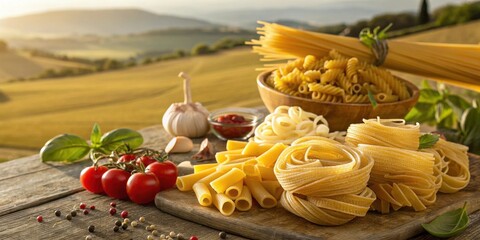 Poster - A rustic wooden table setting with various types of pasta, fresh tomatoes, basil, garlic, and a bowl of tomato sauce, all against a backdrop of a sun-drenched landscape.