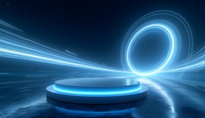 Poster - Abstract light lines of movement and speed. Light blue ellipse. Brilliant galaxy. Glowing podium. Space tunnel. Light everyday glowing effect. semicircular wave, light vortex wake.
