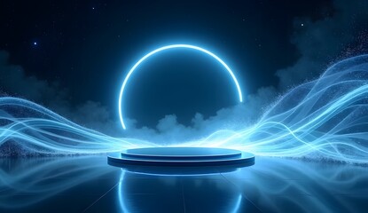 Poster - Abstract light lines of movement and speed. Light blue ellipse. Brilliant galaxy. Glowing podium. Space tunnel. Light everyday glowing effect. semicircular wave, light vortex wake.