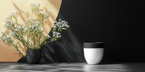 Poster - Elegant arrangement of flowers in minimalist vases against contrasting wall colors in a modern setting