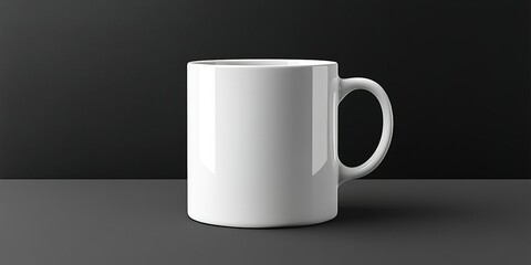 Poster - Minimalist white coffee mug on dark surface with smooth texture and modern design