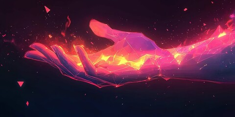 Poster - Abstract glowing hand reaching out from a dark background surrounded by colorful sparks and triangles