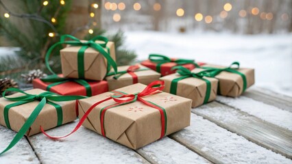 Poster - Wrapped Christmas gifts on a snowy wooden surface with a blurred background of pine branches and Christmas lights