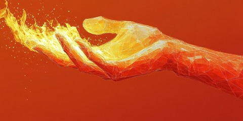 Poster - Creative depiction of a flaming hand reaching out against a vibrant orange background