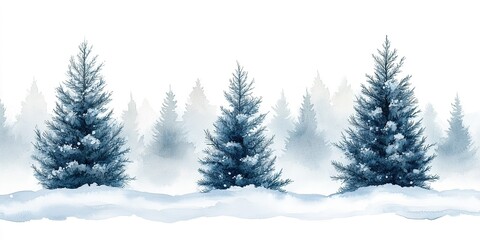 Poster - Snowy landscape featuring evergreen trees amidst a wintery foggy atmosphere in a serene environment