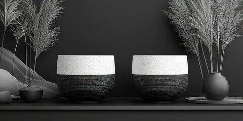 Poster - Black and white decorative bowls on a minimalist shelf with plant accents
