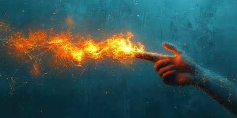 Poster - Fiery energy emanates from a hand creating an illusion of magic and power in a dark, mystical environment