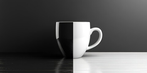 Poster - Unique black and white coffee mug sits on contrasting surfaces creating a minimalist aesthetic