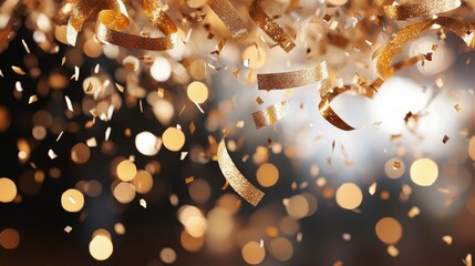 Canvas Print - Golden confetti falling on blurred lights.