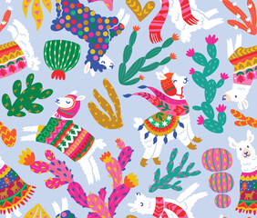 Wall Mural - White llamas, alpacas in winter sweaters, scarf, hats and cactuses isolated on light blue background. Pattern Design