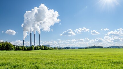 Sticker - Power plant emitting smoke over green field under blue sky.