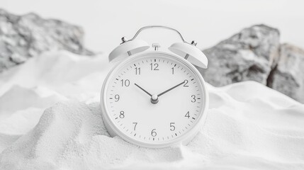 White alarm clock in sand, time concept.