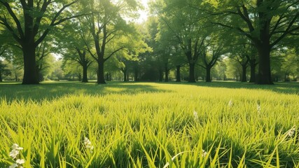 Wall Mural - Vibrant green grass bathed in sunlight, summer park scene, idyllic, summer