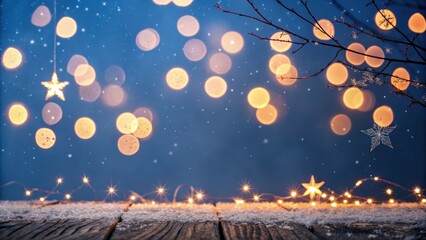 Poster - Winter Wonderland with a Delicate Touch of Festive Lights and Delicate Snowflakes on a Rustic Wooden Surface