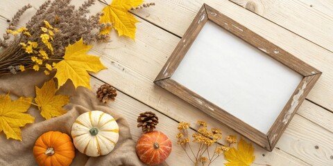 Poster - Autumnal Frame with Pumpkins and Fall Foliage on a Rustic Wooden Background