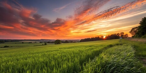 Poster - A picturesque field of green grass illuminated by the golden rays of the setting sun, with a distant line of trees silhouetted against a fiery sky