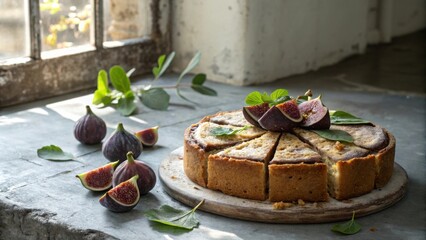 Poster - A Rustic Fig Tart Decorated with Fresh Figs and Greenery, Perfectly Sliced for Sharing on a Rough Wooden Board