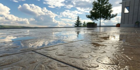 Aufkleber - Close-up view of wet textured tiles reflecting a cloudy sky and a blurry background of trees and a building
