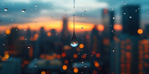 Poster - single raindrop sliding down clean glass window with blurred city lights in background