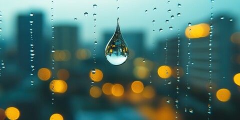 Poster - single raindrop sliding down clean glass window with blurred city lights in background