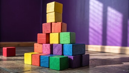 Aufkleber - A vibrant stack of colorful wooden blocks arranged in a pyramid shape, casting shadows on a wooden floor against a purple wall.