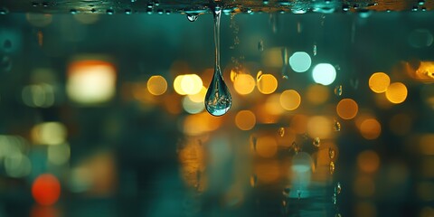 Poster - single raindrop sliding down clean glass window with blurred city lights in background