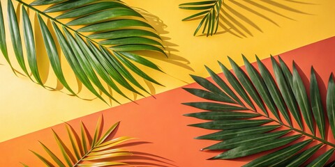 Fototapete - Tropical Palm Leaf Arrangement on Vibrant Yellow and Orange Background